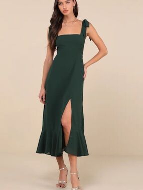 Lulu's Forest Green Tie-Shoulder Midi Dress with Ruffle Hem